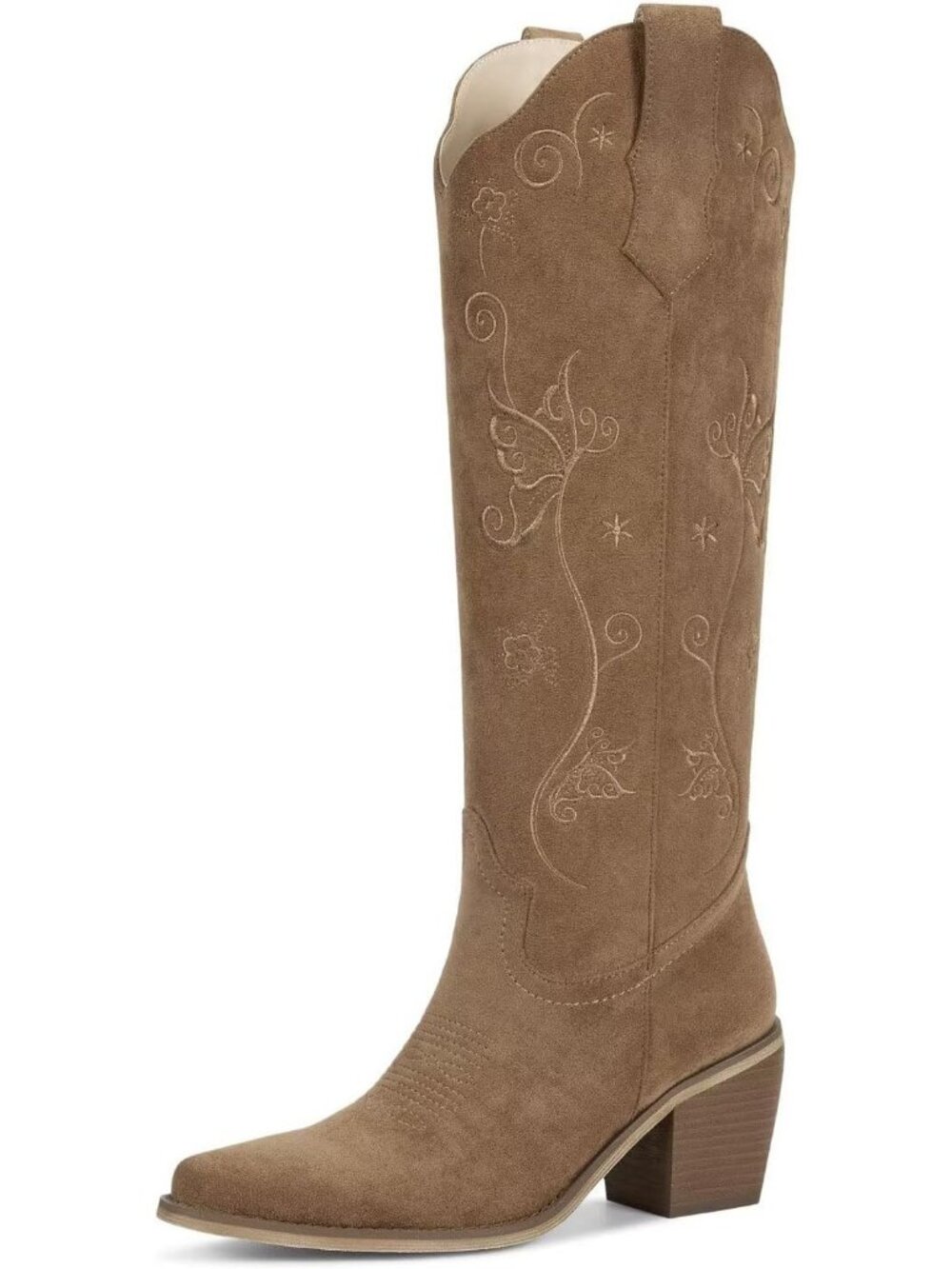Women's Coffee Faux Leather Pull On Embroidered Cowgirl Cowboy Knee High Boots